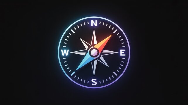 Glowing neon compass illustration, nautical navigation symbol on black background, futuristic digital map pointer with cardinal directions