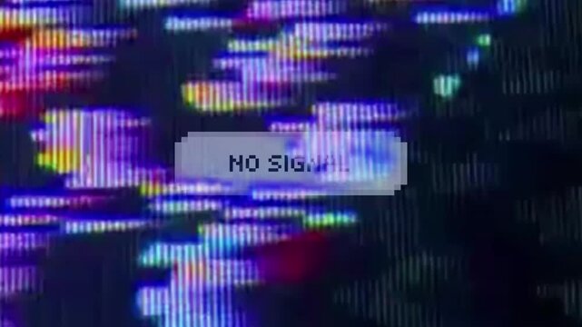 Intense digital static and colorful interference consume a television screen, starkly displaying a 'NO SIGNAL' message, symbolizing a common technical error and broadcast disruption