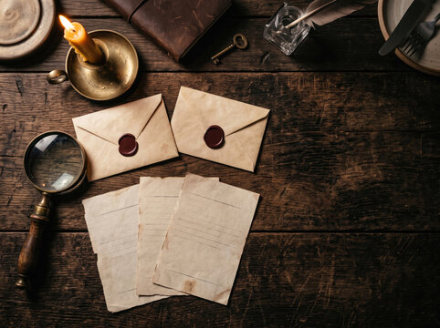 Flat lay of mystery dinner party invitation cards with wax seals and magnifying glass on dark wooden table top