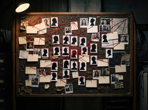 Investigation cork board with photos and red string connecting clues in a dark detective office at night