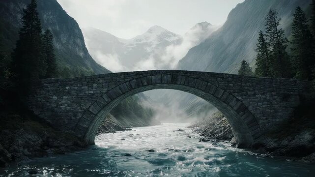 Scenic mountain road bridge for remote exploration and adventure travel. Isolated zen highway overpass in alpine wilderness for connectivity and tr...