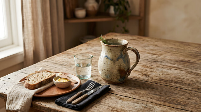 A simple breakfast layout featuring fresh crusty bread butter water and a ceramic pitcher on a rustic wooden table