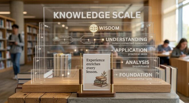 Knowledge Scale with Wisdom, Understanding, Analysis, Foundation, and Application Stages Displayed on Transparent Acrylic Layers