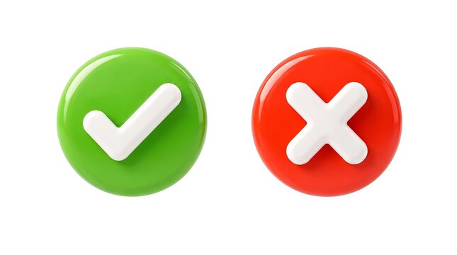 Glossy 3D checkmark and cross buttons indicating right or wrong validation choices isolated on white background