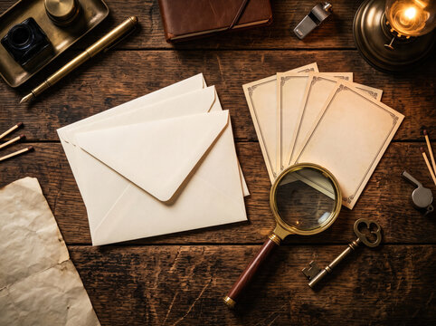 Top view of vintage invitation letters with magnifying glass, keys, and ink on a rustic wooden table
