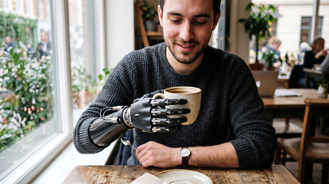 Young man with advanced bionic prosthetic arm holding and enjoying a warm cup of coffee in a modern cafe