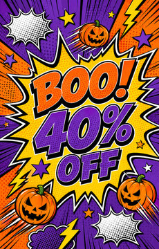 Retro comic book style illustration with pumpkins and a forty percent off sale announcement comic-book