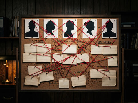 Detective cork board with suspect silhouettes and red yarn connecting evidence in a dark moody office