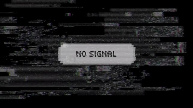 Vintage screen with 'no signal' message, engulfed by severe digital static and glitch effects, symbolizing broadcast disruption, technical error, and electronic issues