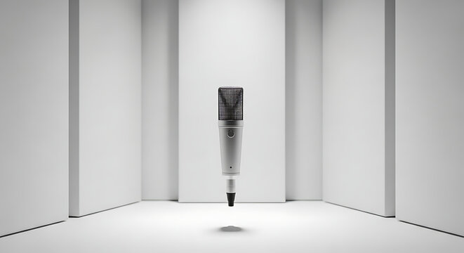 Studio condenser microphone in a minimalist white setting showcasing audio recording technology vocal equipment sound