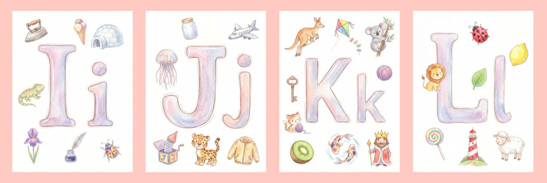 Watercolor I J K L Alphabet Poster with Cute Objects for Kids