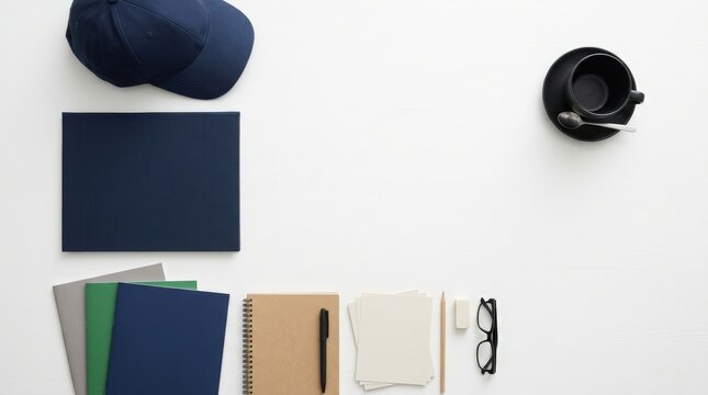 study materials with notebooks, cap, and coffee cup on white desk, flat lay