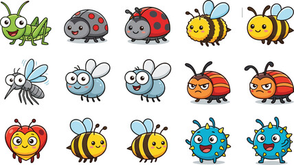 Fototapeta premium Playful Cartoon Insect Characters Clipart Collection Featuring Happy Grasshopper Ladybugs Honey Bees Mosquito Blue Flies Angry Beetles Heart Bug and Spiky Germs