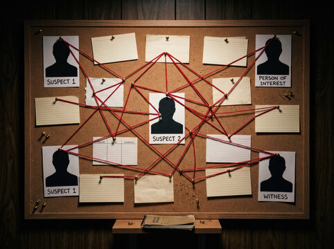 Detailed detective investigation board with suspect photos and red string connecting evidence in office