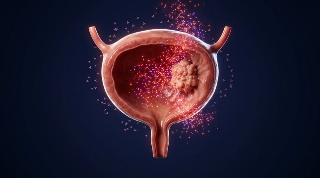Medical illustration of a human urinary bladder showing localized infection or lesion with infection inflammation healthcare pathology diagnosis clinical