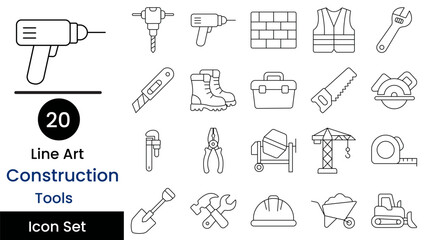 Fototapeta premium Set of twenty line art construction tools and building equipment icons Vector