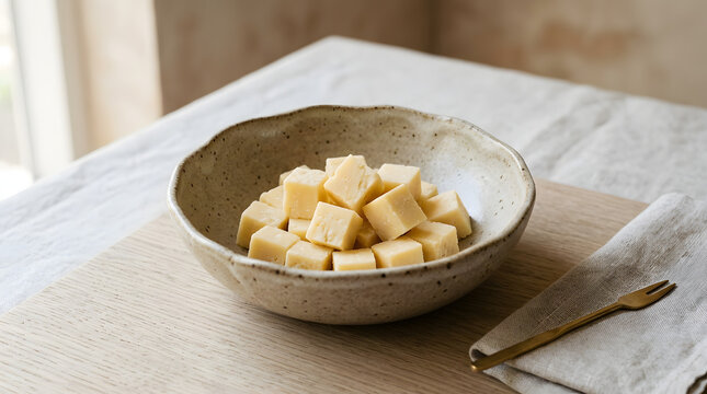 Cube pieces of hard cheese presented in a rustic ceramic bowl on a wooden surface