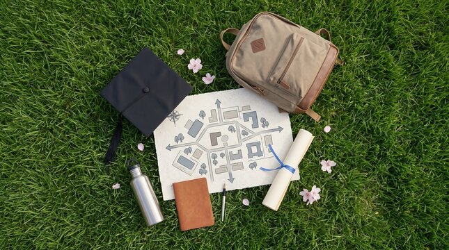 Campus essentials flat lay with graduation cap, backpack, and campus map on grass