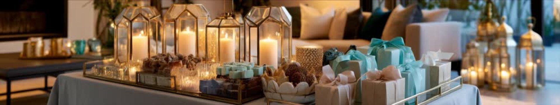 Elegant Ramadan Gift Table With Lanterns, Candles and Sweets in Luxury Interior, Panoramic Seamless Loop