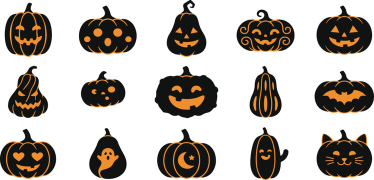 Set of various hand drawn halloween pumpkin jack o lantern illustrations with glowing faces on a white background