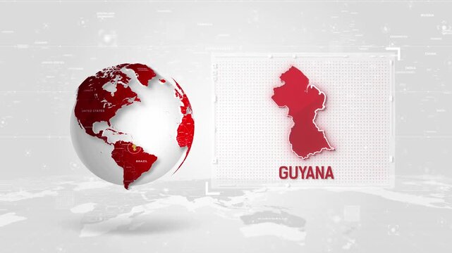 Guyana 4K Tech Map Beside Globe On White Background.