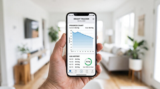 Hand holding smartphone displaying weight tracking app, showing progress graph and daily input records. Mobile screen presents personal health data and fitness goals for wellness journey.