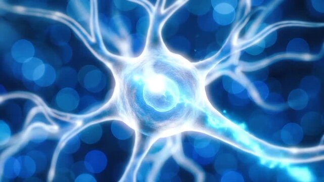 A glowing biological nerve cell structure on a dark blue background