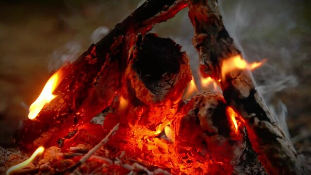 Close Up of Burning Firewood with Glowing Embers and Authentic Crackling Sound, Forest Campfire Flames, Static Outdoor Fire, Cinematic Nature Background B-Roll Video. 