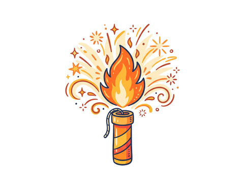 Lit dynamite stick with fire explosion. Cartoon firecracker icon on white background.