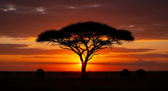 Acacia tree silhouette against a vibrant sunset sky showcasing a dramatic african landscape africa savanna
