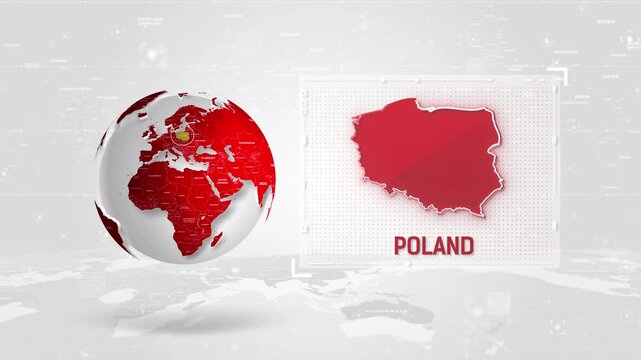 Poland 4K Tech Map Beside Globe On White Background.