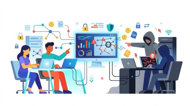 Cybersecurity defense team protecting data from malicious hackers