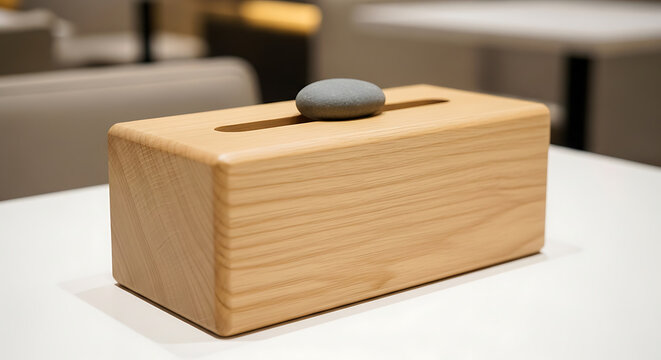 Wooden tissue box cover with a smooth stone atop presented in a softly focused interior setting