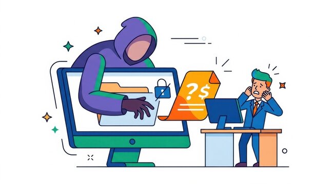 Cyber attack illustration with hacker stealing data from a computer