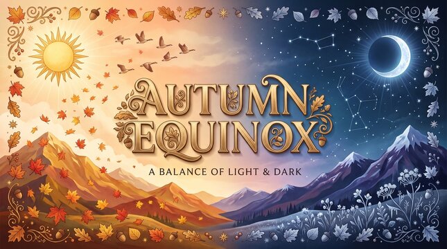 Whimsical Autumn Equinox Celebration Bordered by Natural Elements and Celestial Patterns