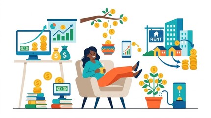 Fototapeta premium Illustration of a woman relaxing with multiple passive income sources