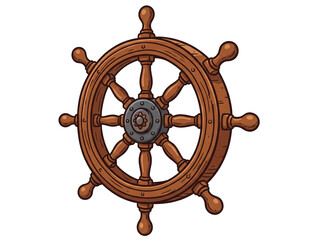 Wooden ship steering wheel isolated. Vintage nautical helm for marine navigation design. © Goku
