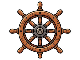 Wooden ship steering wheel isolated. Vintage nautical helm icon for maritime design. © Goku