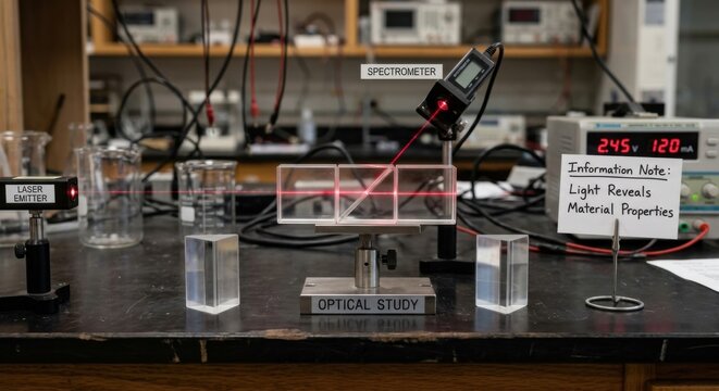 Scientific optical experiment demonstrating light refraction using prisms and a laser