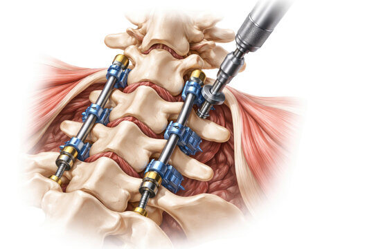 Posterior cervical spine fusion surgery with pedicle screws rods vertebrae muscles orthopedic procedure isolated on white background