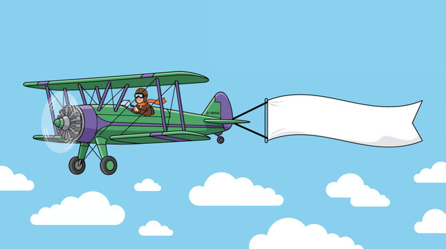 Vintage green biplane airplane with pilot flying in blue sky pulling blank white banner, illustrating customizable advertising space, representing promotional message display
