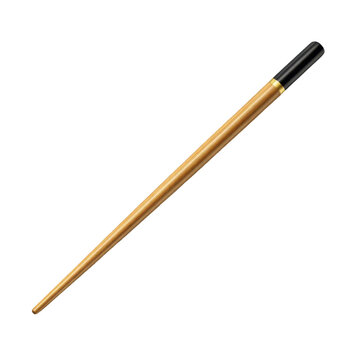 A single, isolated wooden chopstick with a gold band and black tip. This elegant utensil is perfect for representing Asian cuisine, dining, or kitchenware. Transparent background.