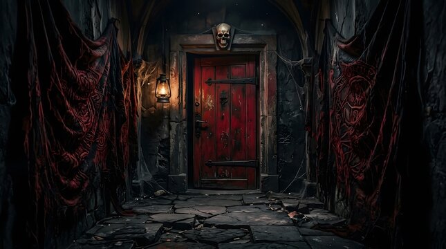 A spooky dark hallway with a glowing red door perfect for a happy halloween haunted house background