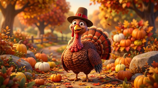 A cute turkey wearing a festive hat standing in a pumpkin patch wishing everyone a happy halloween