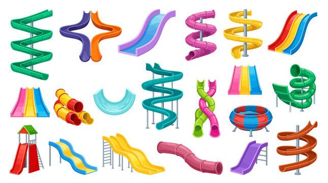 Set of diverse colorful aqua park water slides, plastic tubes and spiral chute attractions on white background, illustrating summer fun entertainment and outdoor aquapark recreation