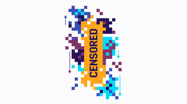 Pixelated yellow banner displaying vertical censored text with colorful mosaic glitch elements on white background, symbolizing content moderation and digital privacy control