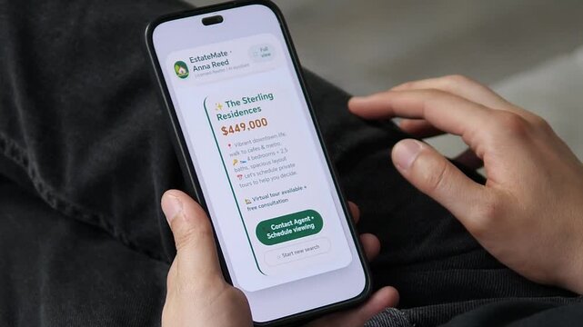Mobile interface for real estate browsing featuring licensed agent AI assistant. Full property details with schedule viewing and free consultation options. Ideal for videos about real estate apps