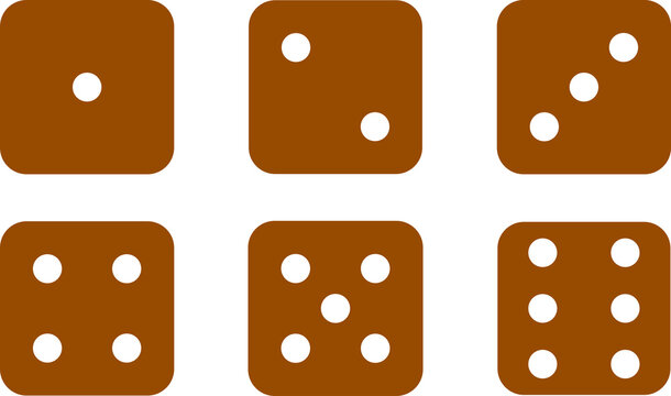 Brown Dice Face Numbers One to Six Icon Set Isolated on Transparent Background PNG Gaming Symbols