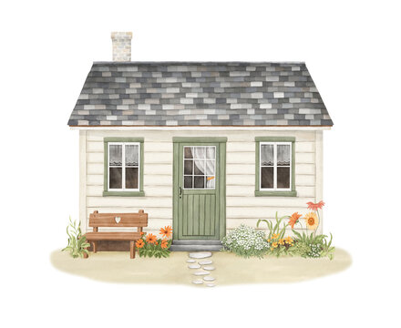 Сute watercolor garden house with beautiful roof, windows and bench, decorated with garden flowers and plants. Hand-drawn print for your design cards, poster, background or cover in country style.