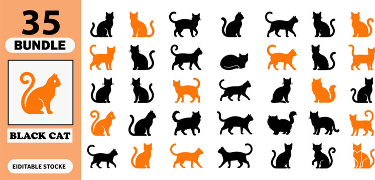 Collection of thirty five black and orange cat silhouettes for a fun festive helloween design